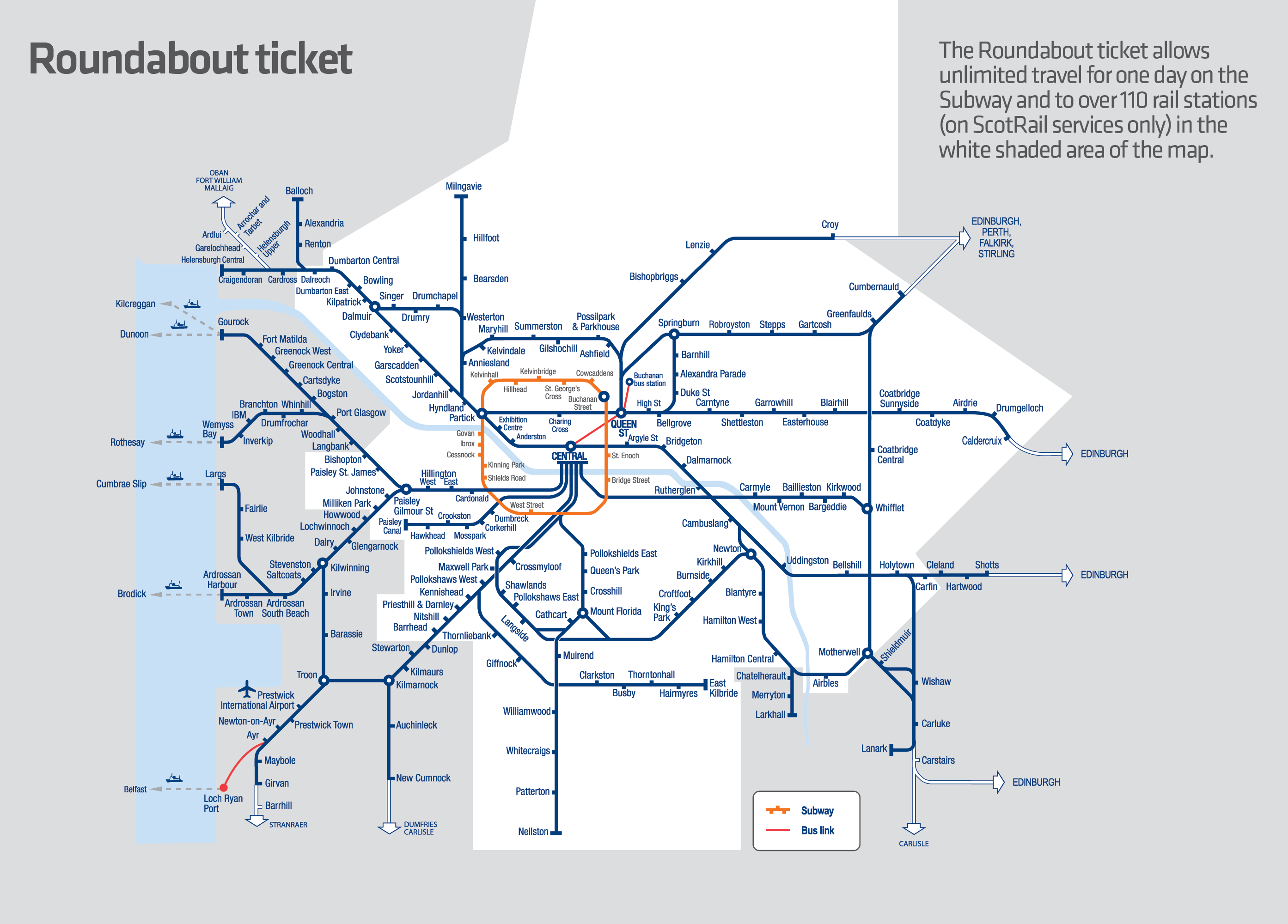 The following map shows the area within Glasgow where the Roundabout ticket is accepted.
